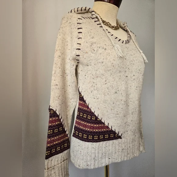 POWDER ROOM Knit Cream and Brown Patchwork Stitch Hooded Sweater. Size Large - Picture 4 of 11